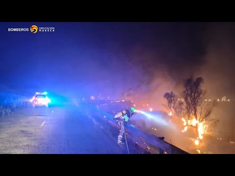 Firefighters prevent a fire from spreading to the urban area of Alcolea de Cinca this morning